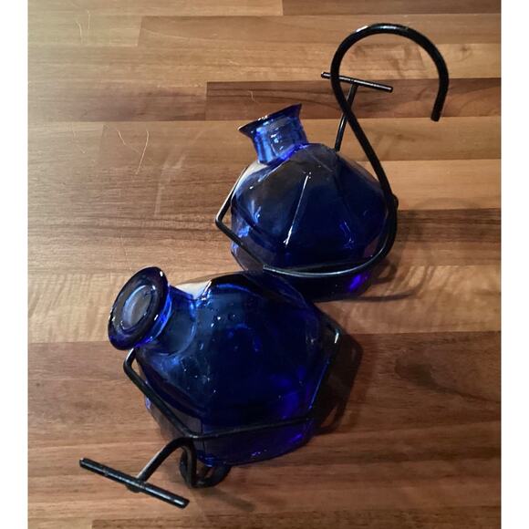 Hummingbird Feeder Par-A-Sol Parasol Bouquet Hand Blown Glass 2 Blue Vintage - Picture 3 of 10